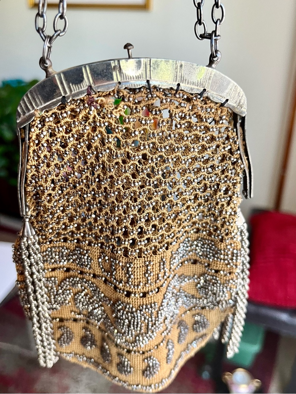 Antique purselet with metal beads and tassels. Very old.